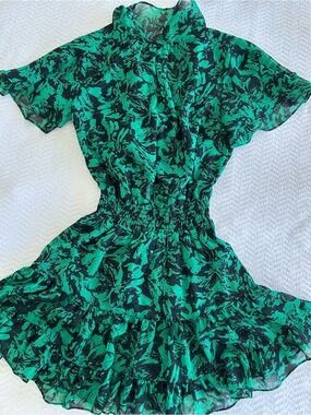 Misa Los Angeles Green and Black Floral Short Sleeve Mini Dress